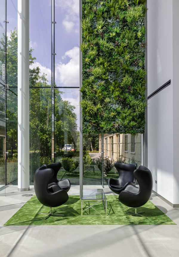 Commercial lobby with beautiful vertical green wall by waiting area with four black chairs